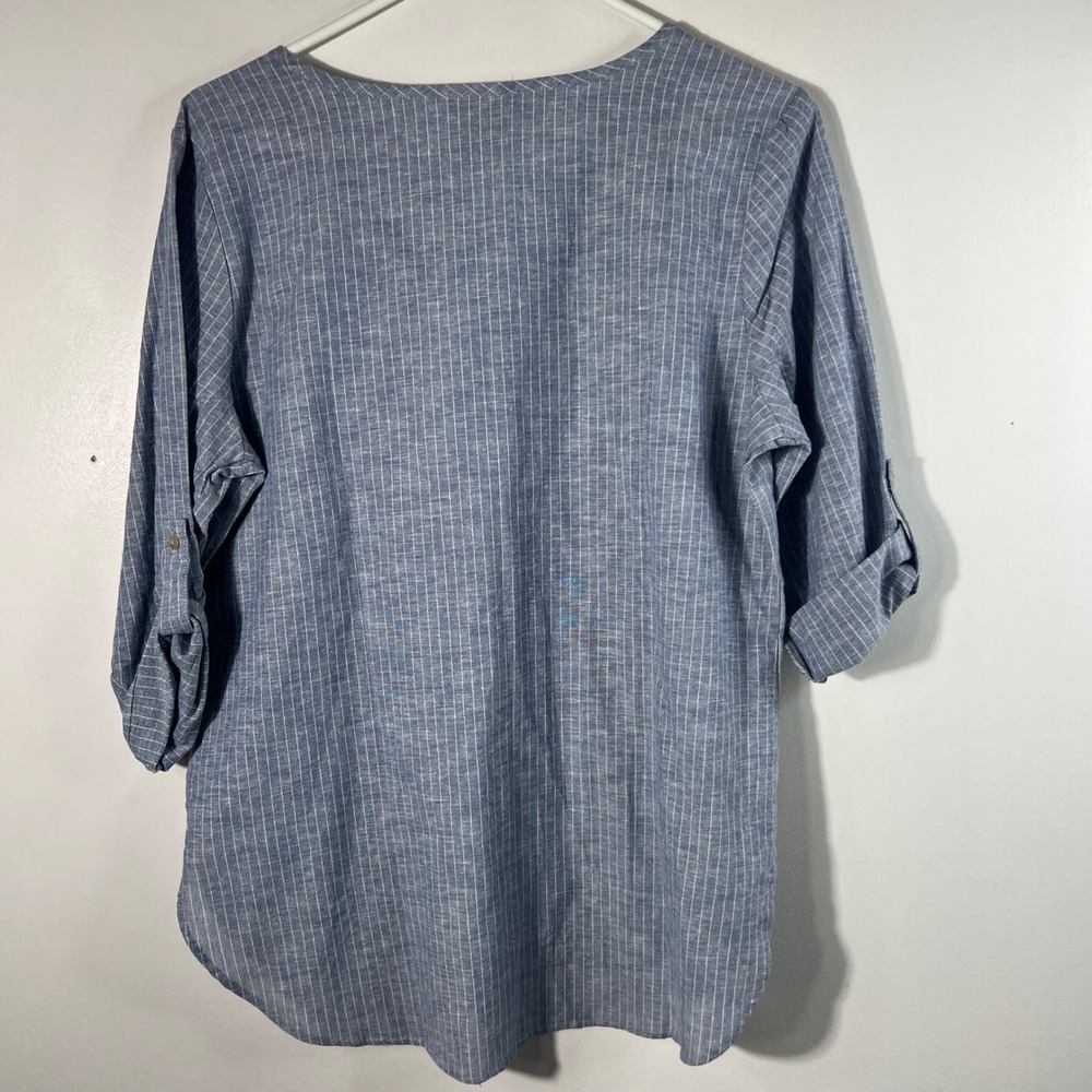 Hester & Orchard Linen Blend 1/2 Button Striped Tunic Pullover Blue White S - Picture 2 of 7